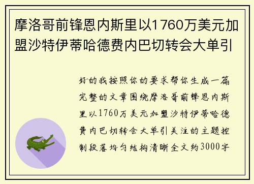 摩洛哥前锋恩内斯里以1760万美元加盟沙特伊蒂哈德费内巴切转会大单引关注