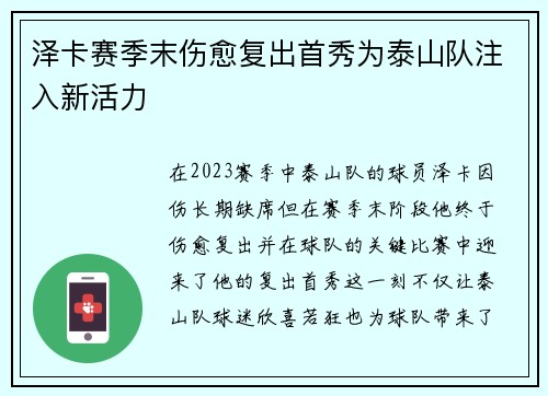 泽卡赛季末伤愈复出首秀为泰山队注入新活力 泽卡赛季末伤愈复出首秀为泰山队注入新活力